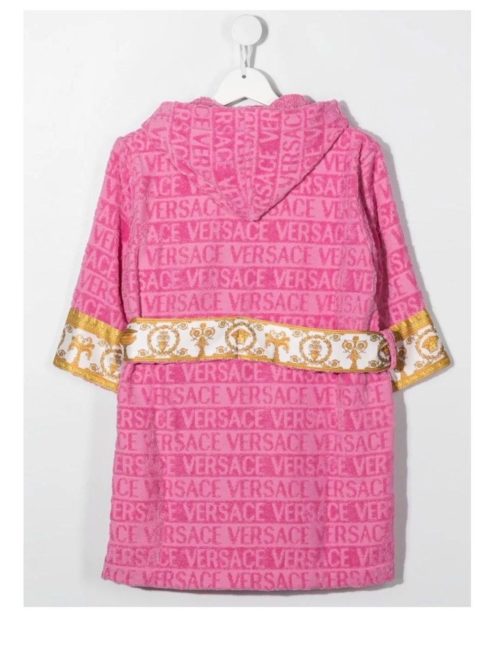 Versace Kids Pink Hooded Logo Robe with Gold and White Trim